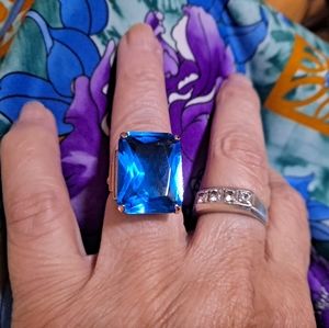 LARGE simulated Blue Topaz and Rose Gold Pl. Ring
